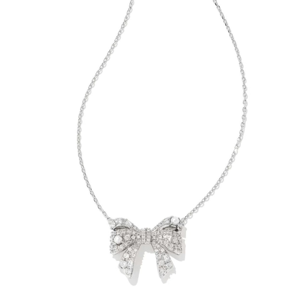 Kendra Scott Silver Pave Crystal Bow Pendant Necklace with Pearl Accents New - Picture 9 of 10